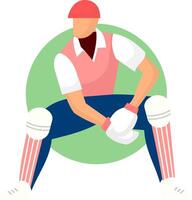 A illustration of a cricket player in action, positioned against a green circular background. The man is wearing protective gear, representing the sport played on a team in a stadium or field. vector
