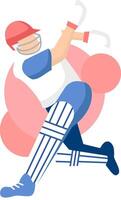 A illustration of a cricket player on a green background, wearing gear and representing the sport played on a team in a stadium or field with a ball. vector