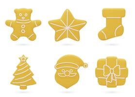 A set of 3D Christmas gingerbread cookies of different shapes, with icing sugar. Festive holiday food. 3D illustration isolated on white background. vector