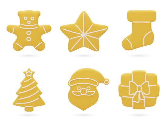 A set of 3D Christmas gingerbread cookies of different shapes, with icing sugar. Festive holiday food. 3D illustration isolated on white background.