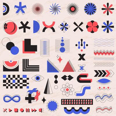A set of graphic elements. Bauhaus and brutalism style inspired. abstract linear elements and bold geometric shapes. Great for posters, flyers, covers, web design. Retro futurism shapes.