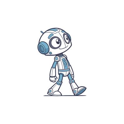 A cartoon robot walking with his arms crossed