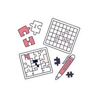 Puzzle pieces and a pen are arranged on a white surface vector