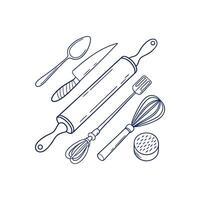 Kitchen utensils and tools in line art style vector
