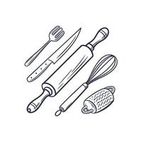 Kitchen utensils and tools, including a rolling pin, knife, and whisk vector