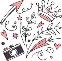 A set of doodle elements with a camera, crown, heart, arrow and other items vector