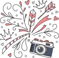 A camera and crowns are in the background vector
