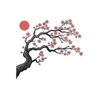 A tree with red flowers and a sun in the background vector