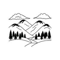 A black and white drawing of mountains and trees vector