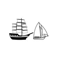 A black and white illustration of a sailing ship and a tall ship vector