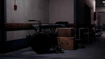 Quiet hallway with a wheelchair and boxes in an abandoned building video
