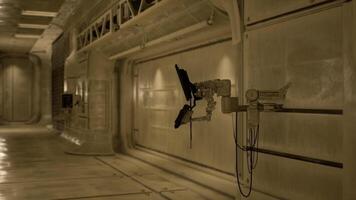 Futuristic corridor with robotic arm and advanced sci fi tech video