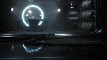 Laboratory interior with glowing equipment and reflective floor in dark setting video