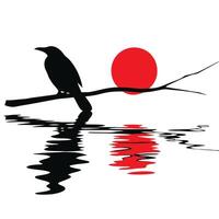 A crow sitting on a branch with the sun in the background vector