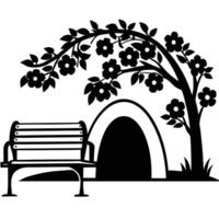 A black and white silhouette of a bench and tree vector