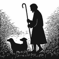 A black and white illustration of a man with a dog and a stick vector