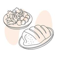 A drawing of a plate with bread and salad vector