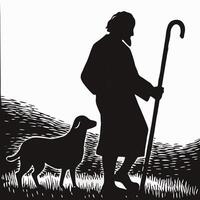 A silhouette of a man with a dog and a stick vector