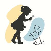A silhouette of a girl playing with a dog vector