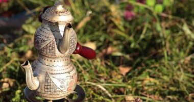 Traditional designed teapot sits on a small stand, catching sunlight in a natural setting. Surrounding it is lush green grass, creating a serene atmosphere perfect for enjoying tea. video