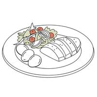 A drawing of a plate with meat and vegetables vector