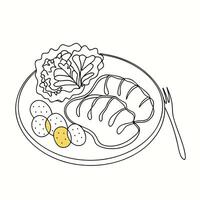 A drawing of a plate with meat and vegetables vector