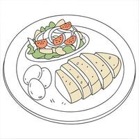 A drawing of a plate with chicken and salad vector