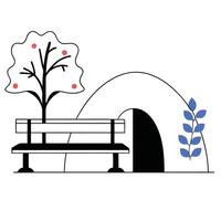 A bench and tree in front of a cave vector