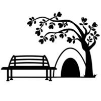 A black and white silhouette of a bench and tree vector