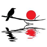 A crow sitting on a branch with the sun in the background vector