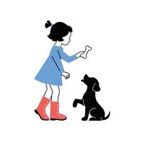 A girl is playing with a dog and holding a bone vector