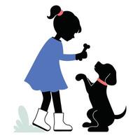 A girl is playing with a dog and holding a bone vector