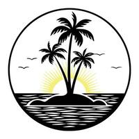 The sun is setting over a palm tree in a circle vector