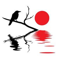 A crow sitting on a branch with the sun in the background vector