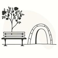 A black and white drawing of a bench and tree vector