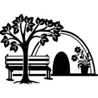 A black and white image of a bench and tree vector