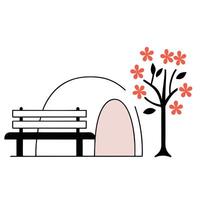 An igloo with a bench and tree in front of it vector