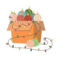 Box of Christmas Ornaments and Fairy Lights, A festive illustration featuring a cardboard box filled with colorful Christmas ornaments and decorative fairy lights vector
