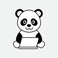 Charming Cartoon Panda Enjoying Time on a Laptop with Smiles vector