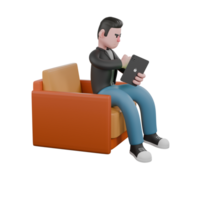 Creative 3D Model. A male screenwriter sits on a sofa holding a tablet in his left hand, and his right hand as if he is operating the tablet. Screenwriter Character png