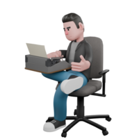 3D Screenwriter Character. A male screenwriter sits on a chair with a typewriter on his lap while holding it with both hands. Model Design png