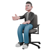 3D Screenwriter Character. A male screenwriter sitting on a chair with his right hand extended forward while his left hand is on his lap. Artistic Illustration png