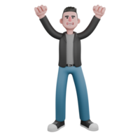 3D Screenwriter Character. A male screenwriter stands with both hands clenched above, expression joyful. Artistic Illustration png