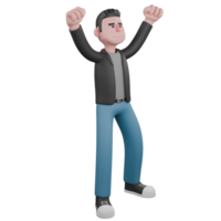 Creative 3D Model. A male screenwriter stands with both fists in the air, focused expression. Screenwriter Character png