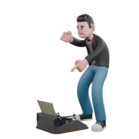 Cartoon-Style 3D Model. A Male Screenwriter stands slightly bent over with one hand pointing towards a typewriter, expression wide smiling. Cartoon Screenwriter Illustration Design png