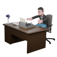 Professional Screenwriter Cartoon Design. A Male Screenwriter sits with both hands wanting to type on a typewriter, cheerful expression. 3D Artistic Model png