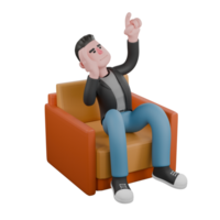 Cartoon Style 3D Model. A male screenwriter sits on a sofa with one hand on his cheek while the other hand points upwards. Cartoon Screenwriter Illustration Design png