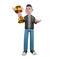 3D Screenwriter Cartoon Design. A male screenwriter stands with his right hand holding a trophy while his left hand is stretched forward, a happy and satisfied expression. Screenwriter Character png
