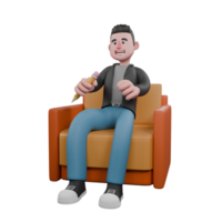 Cartoon 3D Artistic Model. A male screenwriter sits on a sofa with his right hand holding a pencil, a happy smiling expression. Model Design png