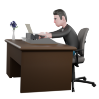 Creative 3D Model. A male screenwriter sits on a chair with a typewriter on the table while typing on the keyboard with both hands. Screenwriter Character png